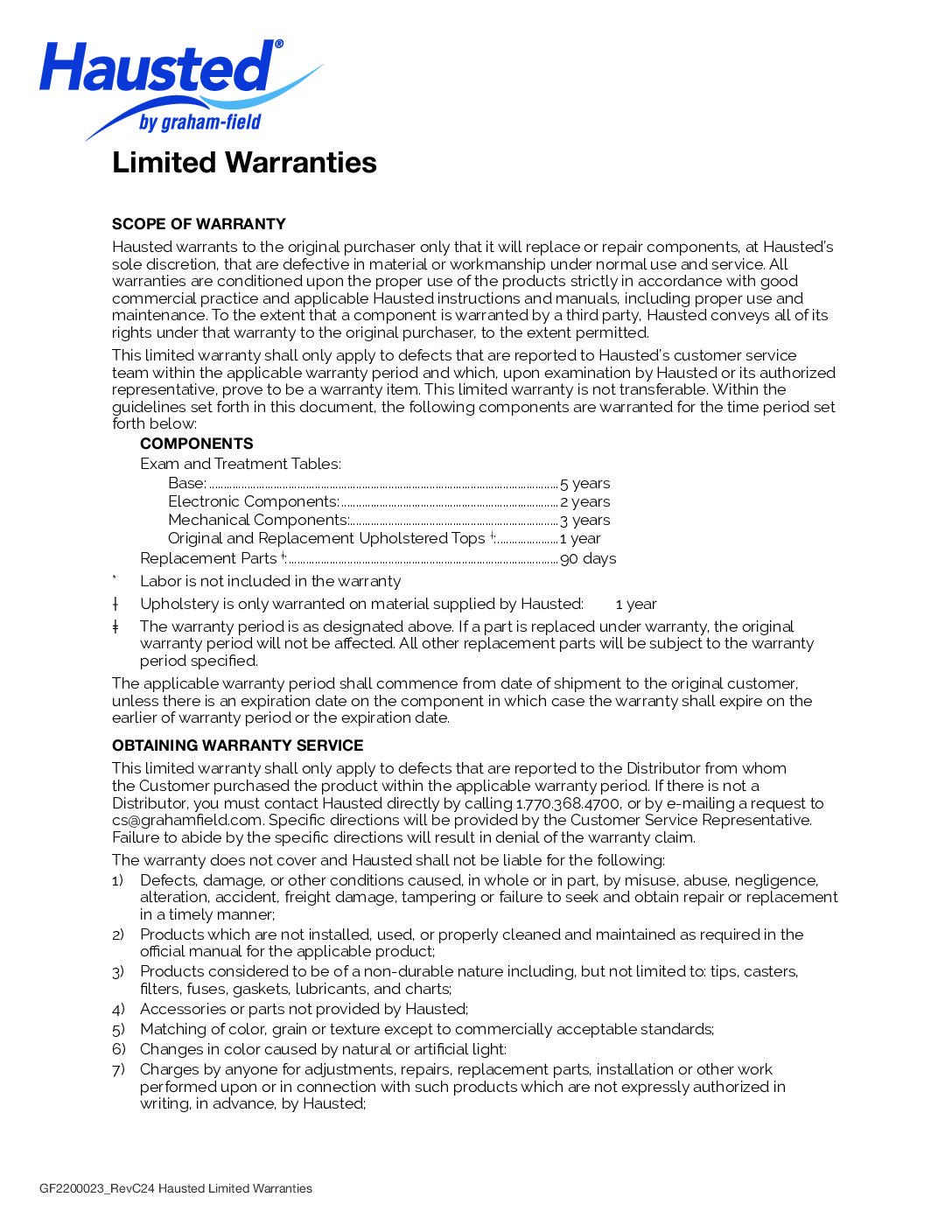 Exam Room Furnishing: Limited Warranties