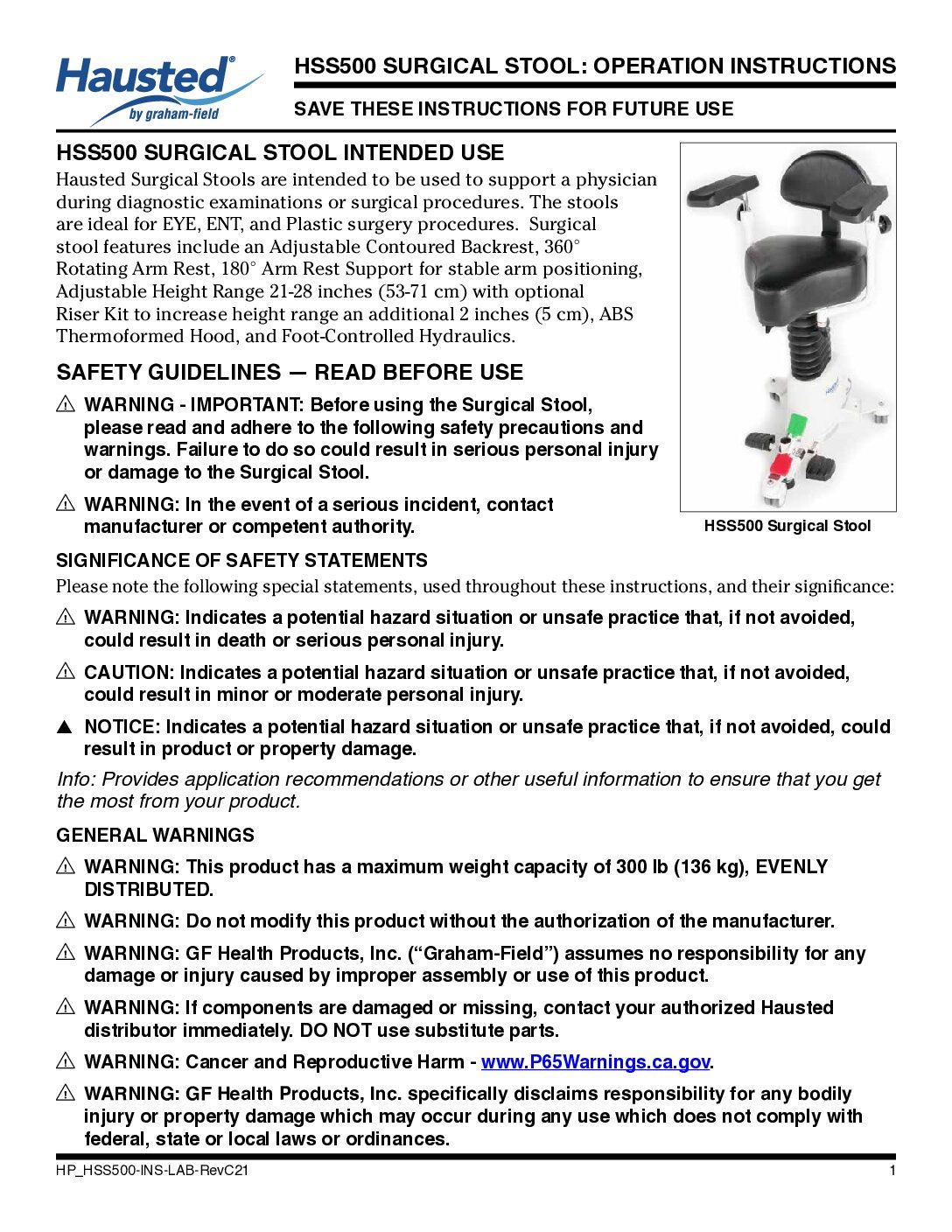 Operation Manual – HSS500 Surgical Stool