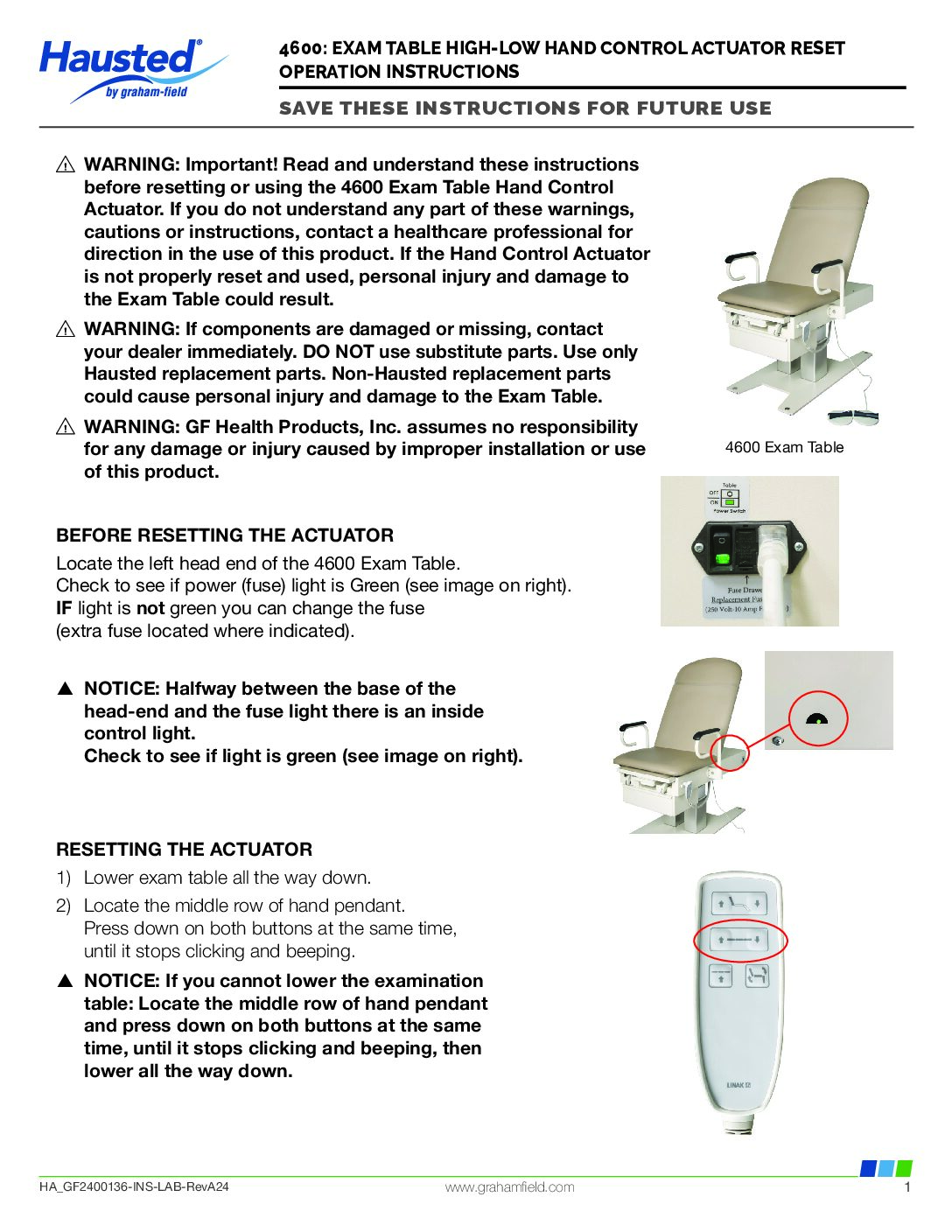 Actuator Reset Instructions – 4600 Powered Exam Table